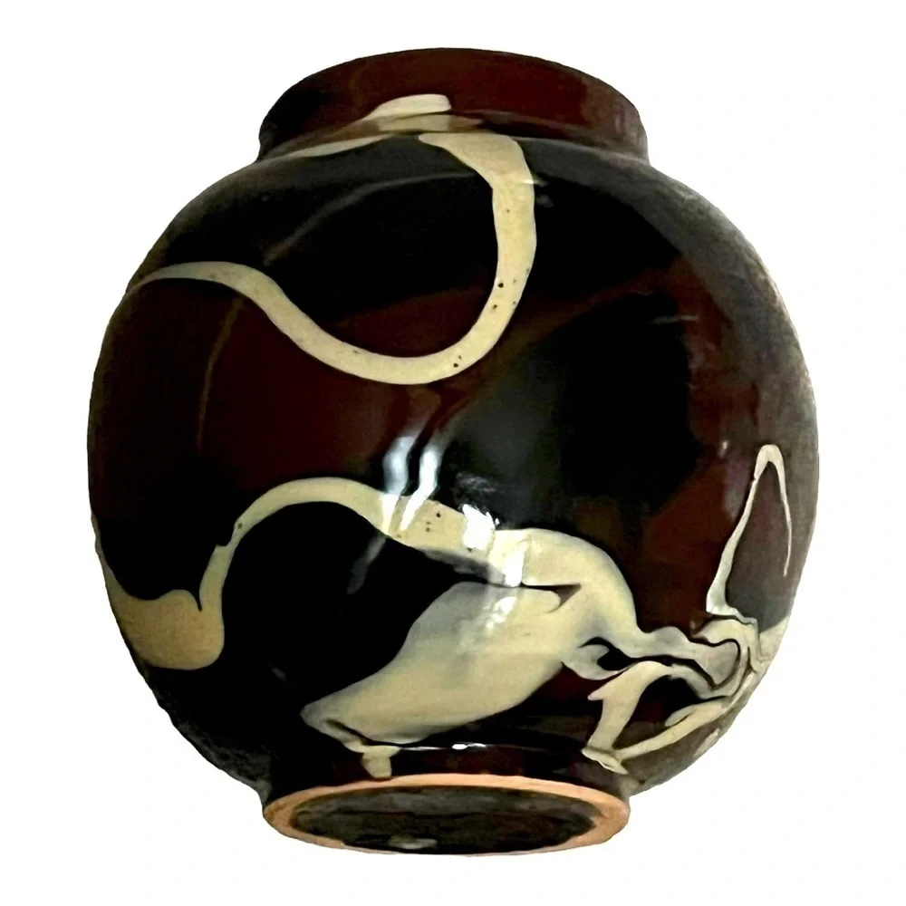Vietri round terracotta glazed vase brown black tan collection modern Italy 6”.
